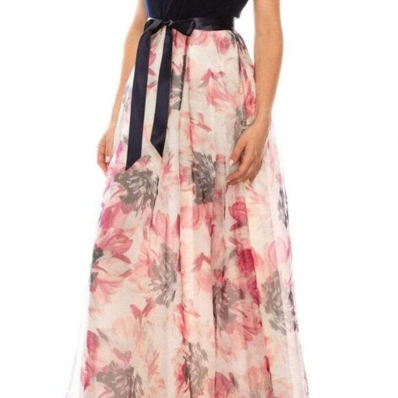 SLNY - 9141152 LONG HALTER Solid BODICE FLORAL A-LINE Dress NWT Navy Purple Pink - Picture 4 of 12